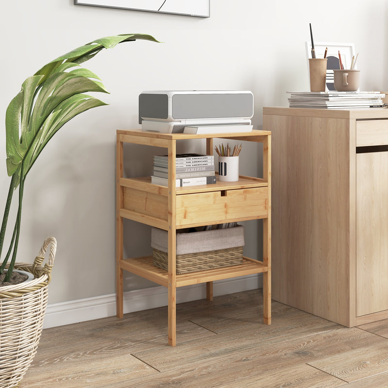 Nightstand Set of 2 Bamboo End Table with 2 Open Shelves and Drawer-Set of 2