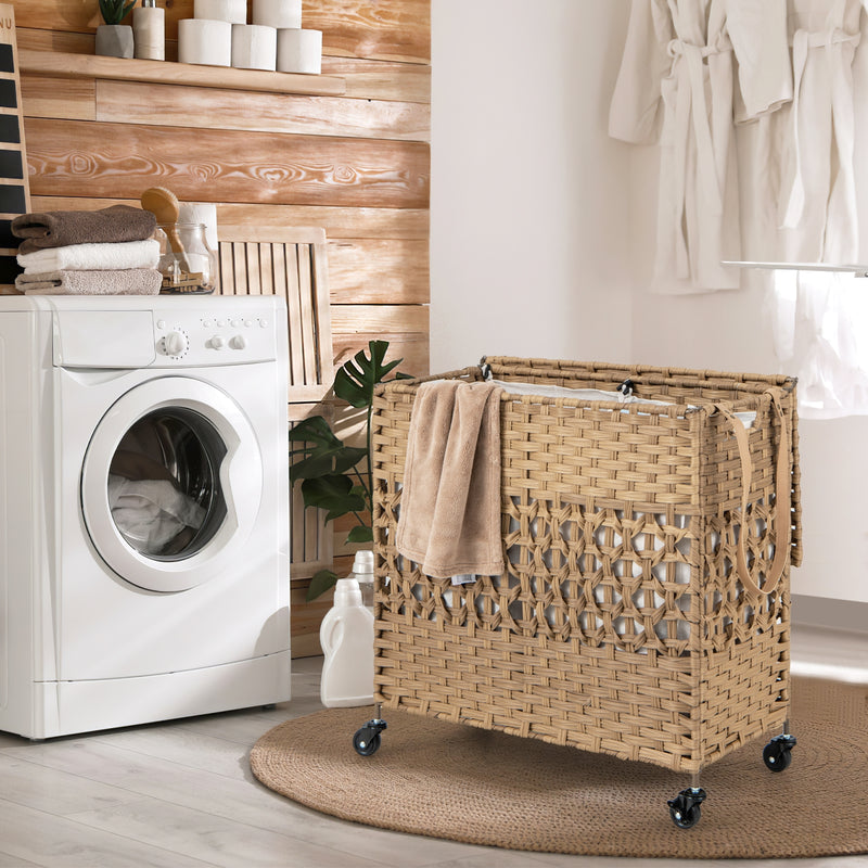 110L 2-Section Laundry Hamper with 2 Removable and Washable Liner Bags-Natural