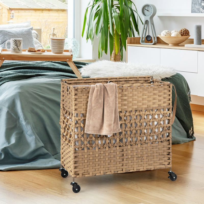 110L 2-Section Laundry Hamper with 2 Removable and Washable Liner Bags-Natural