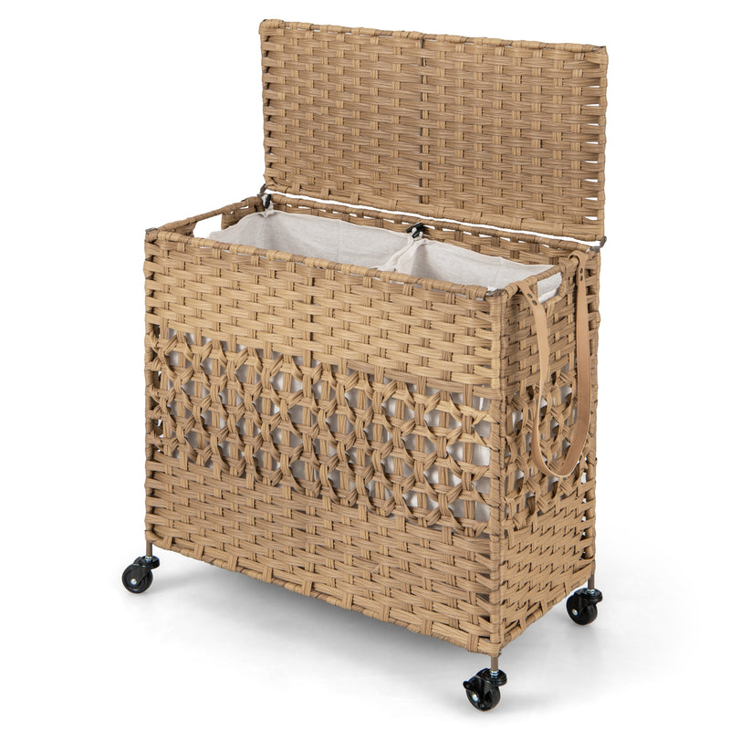 110L 2-Section Laundry Hamper with 2 Removable and Washable Liner Bags-Natural