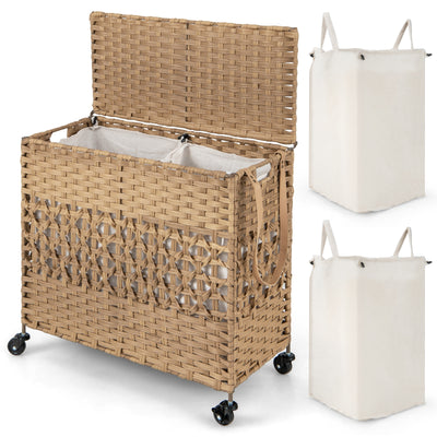 110L 2-Section Laundry Hamper with 2 Removable and Washable Liner Bags-Natural