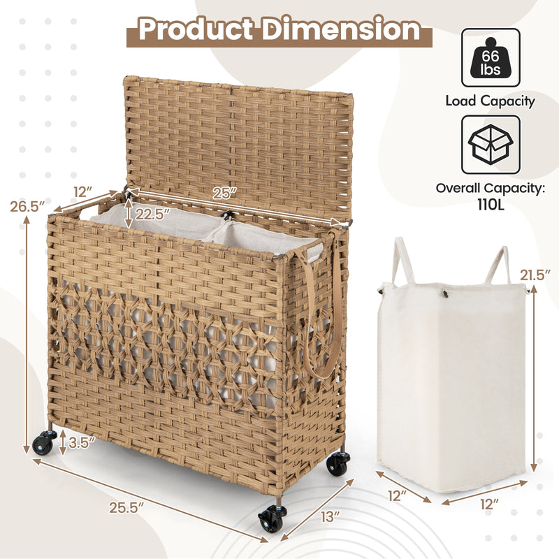 110L 2-Section Laundry Hamper with 2 Removable and Washable Liner Bags-Natural