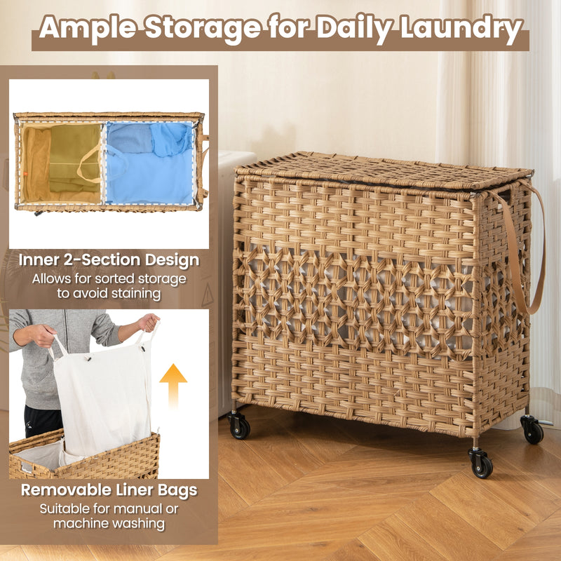 110L 2-Section Laundry Hamper with 2 Removable and Washable Liner Bags-Natural