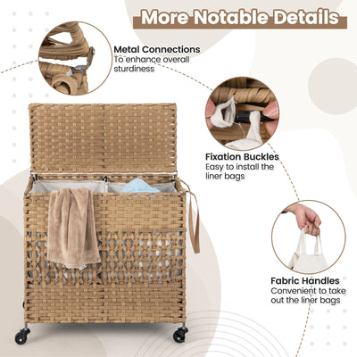 110L 2-Section Laundry Hamper with 2 Removable and Washable Liner Bags-Natural