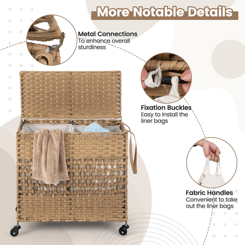 110L 2-Section Laundry Hamper with 2 Removable and Washable Liner Bags-Natural