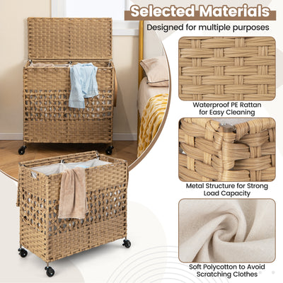 110L 2-Section Laundry Hamper with 2 Removable and Washable Liner Bags-Natural