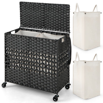 110L 2-Section Laundry Hamper with 2 Removable and Washable Liner Bags-Black