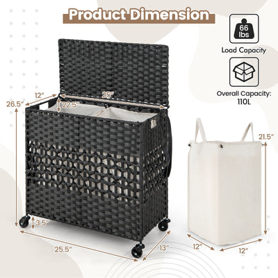 110L 2-Section Laundry Hamper with 2 Removable and Washable Liner Bags-Black