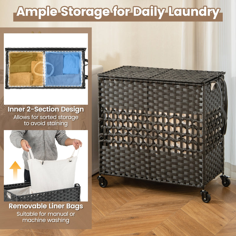 110L 2-Section Laundry Hamper with 2 Removable and Washable Liner Bags-Black