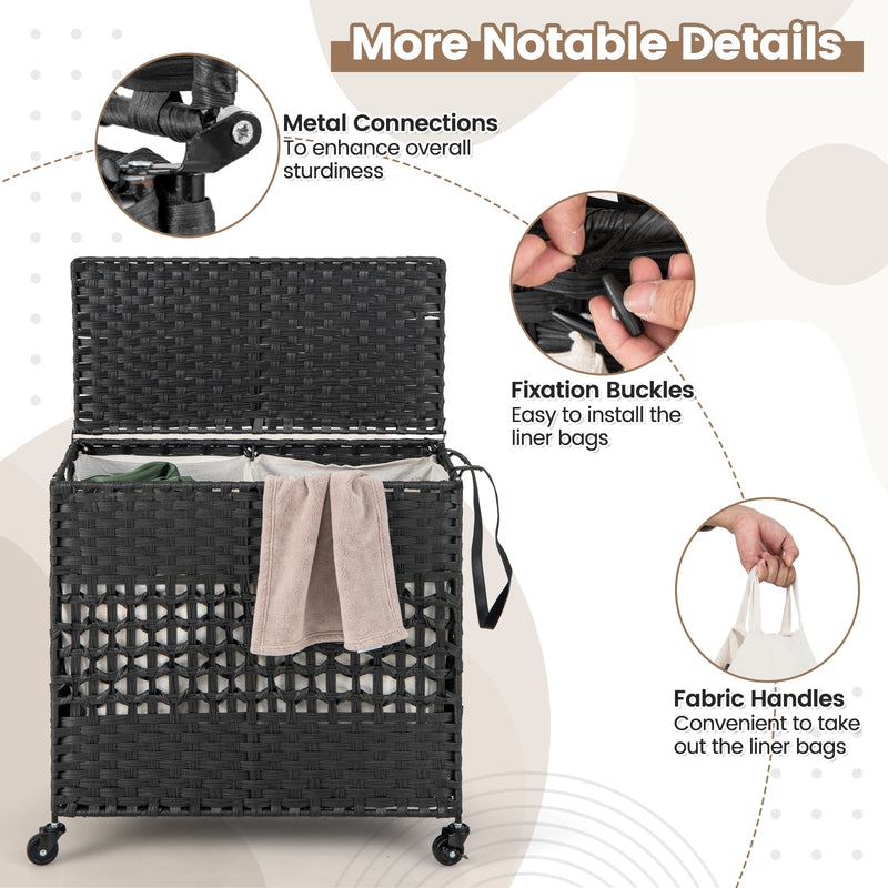 110L 2-Section Laundry Hamper with 2 Removable and Washable Liner Bags-Black