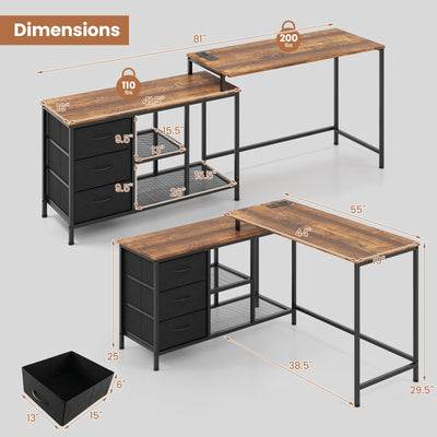 L-shaped Computer Desk with Power Outlet for Working Studying Gaming-Rustic Brown