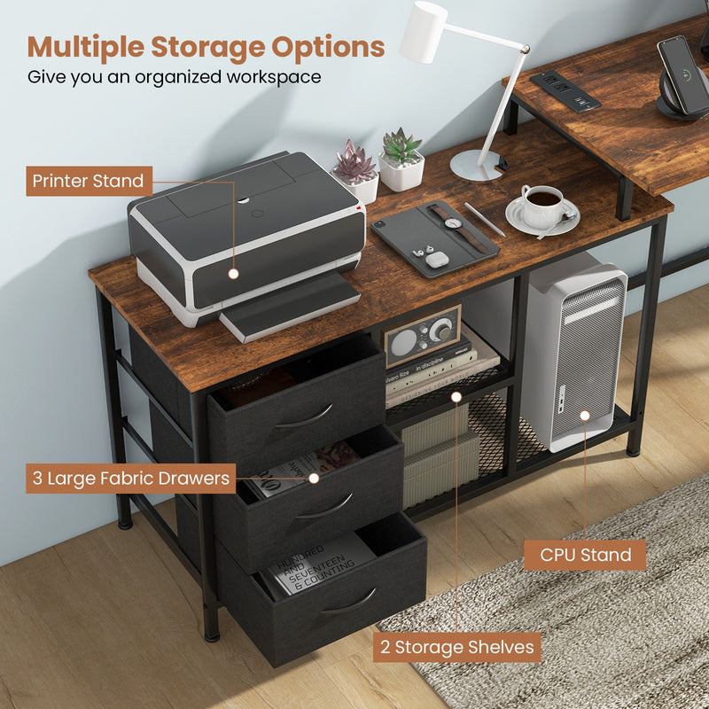 L-shaped Computer Desk with Power Outlet for Working Studying Gaming-Rustic Brown