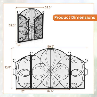 59.5 x 32.5 Inch Fireplace Screen with Floral Pattern-Black