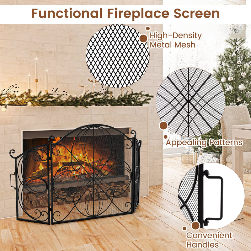 59.5 x 32.5 Inch Fireplace Screen with Floral Pattern-Black