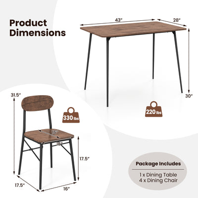 5 Piece Dining Table Set Rectangular with Backrest and Metal Legs for Breakfast Nook-Rustic Brown