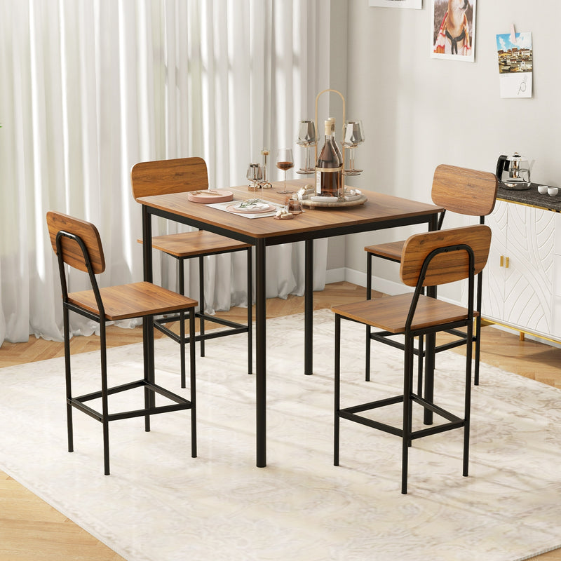 5 Pieces Industrial Dining Table Set with Counter Height Table and 4 Bar Stools-Dark Brown