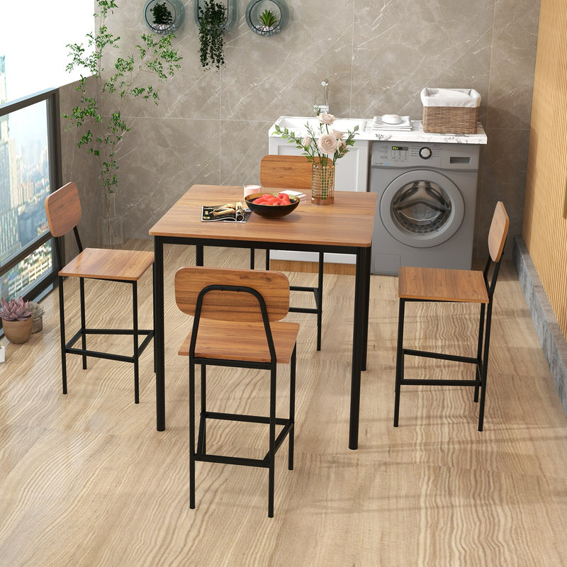 5 Pieces Industrial Dining Table Set with Counter Height Table and 4 Bar Stools-Dark Brown