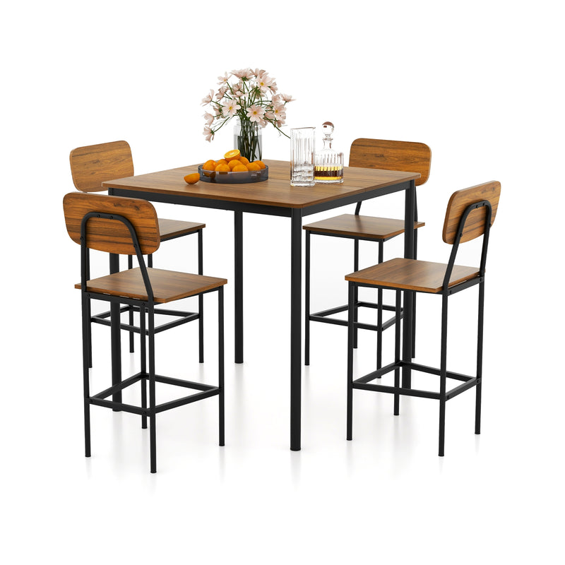 5 Pieces Industrial Dining Table Set with Counter Height Table and 4 Bar Stools-Dark Brown