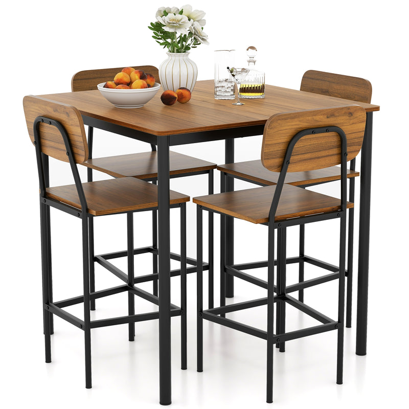 5 Pieces Industrial Dining Table Set with Counter Height Table and 4 Bar Stools-Dark Brown