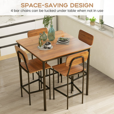 5 Pieces Industrial Dining Table Set with Counter Height Table and 4 Bar Stools-Dark Brown