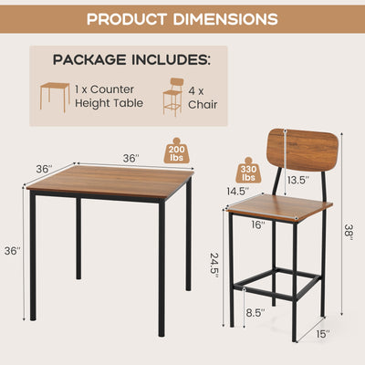 5 Pieces Industrial Dining Table Set with Counter Height Table and 4 Bar Stools-Dark Brown