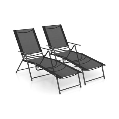 2 Piece Patio Folding Chaise Lounge Chairs Recliner with 6-Level Backrest-Black