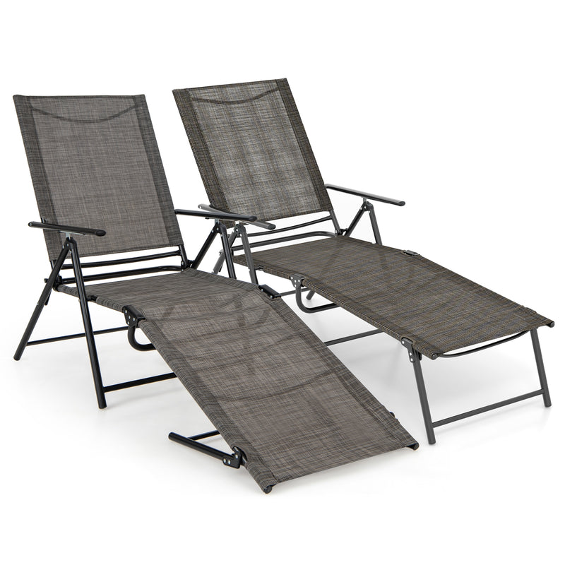 2 Piece Patio Folding Chaise Lounge Chairs Recliner with 6-Level Backrest-Coffee