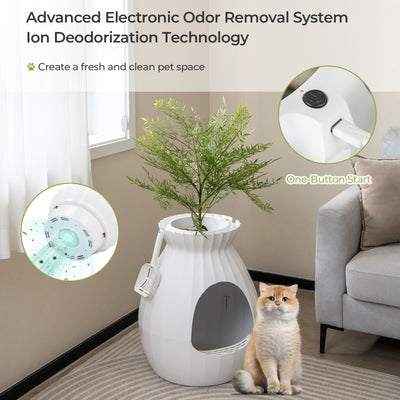 Smart Plant Cat Litter Box with Electronic Odor Removal and Sterilization-White