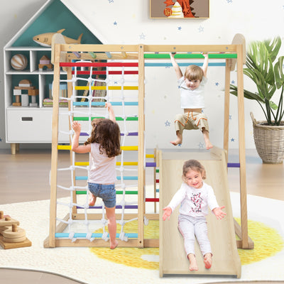 6-in-1 Indoor Jungle Gym Kids Wooden Playground with Monkey Bars-Multicolor