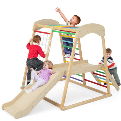 6-in-1 Indoor Jungle Gym Kids Wooden Playground with Monkey Bars-Multicolor