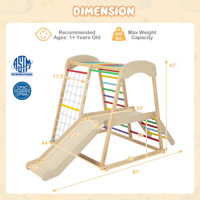 6-in-1 Indoor Jungle Gym Kids Wooden Playground with Monkey Bars-Multicolor