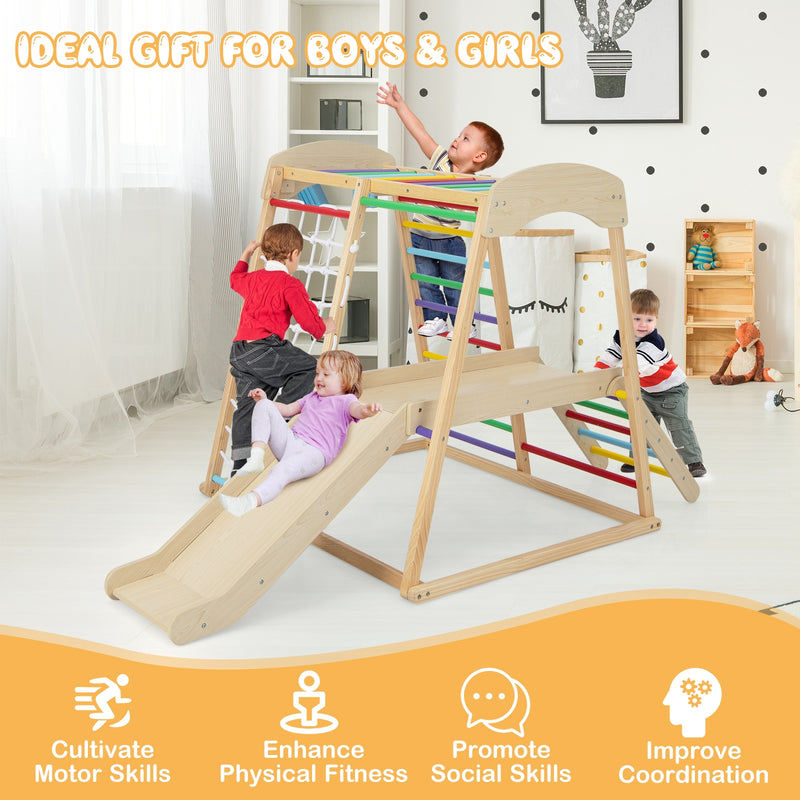 6-in-1 Indoor Jungle Gym Kids Wooden Playground with Monkey Bars-Multicolor