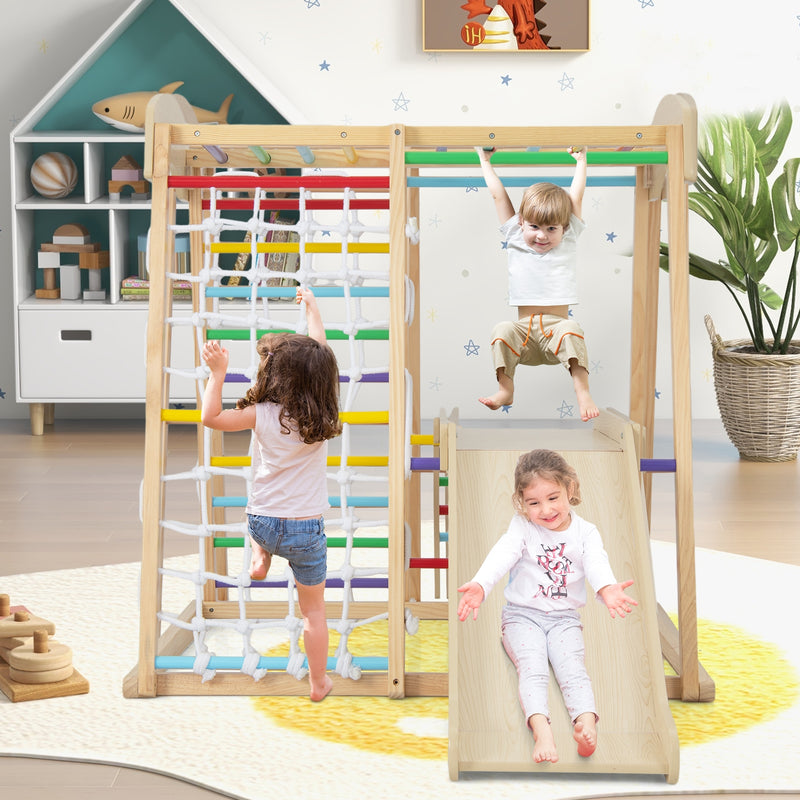 6-in-1 Indoor Jungle Gym Kids Wooden Playground with Monkey Bars-Natural