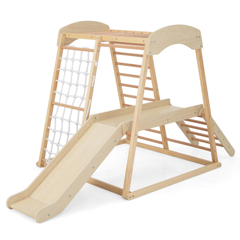 6-in-1 Indoor Jungle Gym Kids Wooden Playground with Monkey Bars-Natural