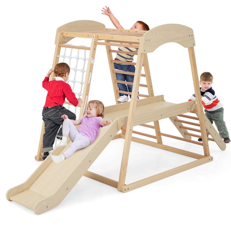 6-in-1 Indoor Jungle Gym Kids Wooden Playground with Monkey Bars-Natural