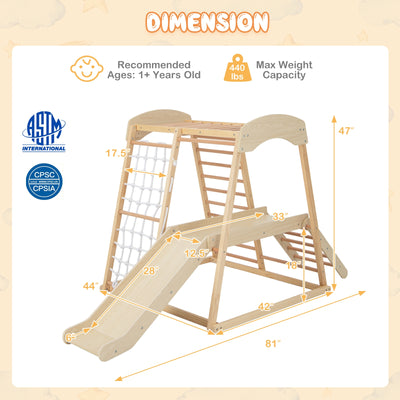 6-in-1 Indoor Jungle Gym Kids Wooden Playground with Monkey Bars-Natural