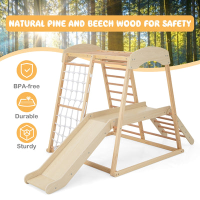 6-in-1 Indoor Jungle Gym Kids Wooden Playground with Monkey Bars-Natural