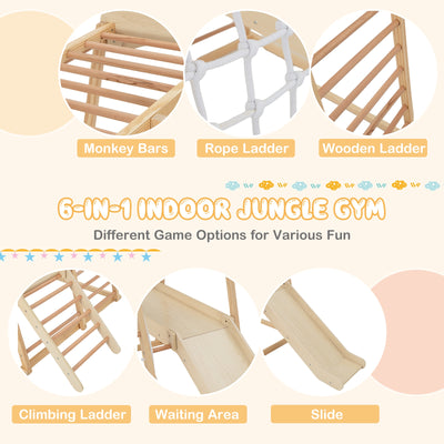 6-in-1 Indoor Jungle Gym Kids Wooden Playground with Monkey Bars-Natural