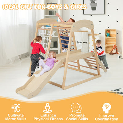 6-in-1 Indoor Jungle Gym Kids Wooden Playground with Monkey Bars-Natural