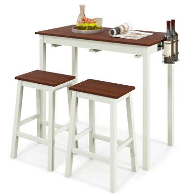 3-Piece Bar Table Set with 2 Wine Holders and Wooden Legs-White