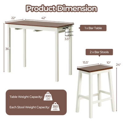 3-Piece Bar Table Set with 2 Wine Holders and Wooden Legs-White