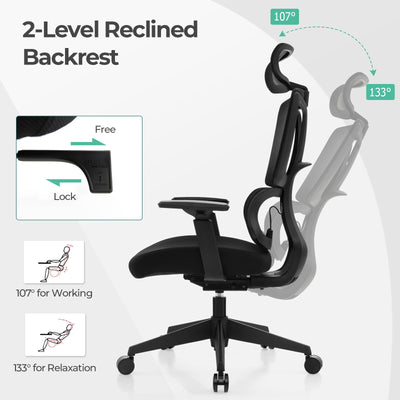 Ergonomic Office Chair with N Type Lumbar Support and Adjustable Headrest-Black