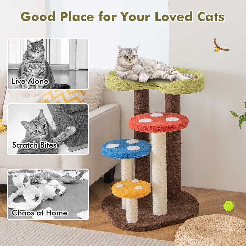 3-In-1 Cat Tree 3 Full-Wrapped Sisal Posts Removable Mat and Platforms-Multicolor