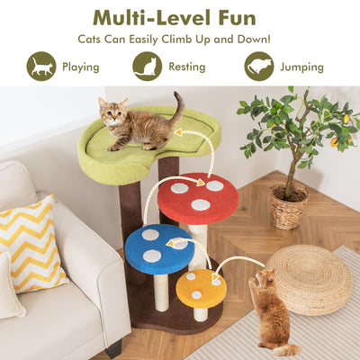 3-In-1 Cat Tree 3 Full-Wrapped Sisal Posts Removable Mat and Platforms-Multicolor