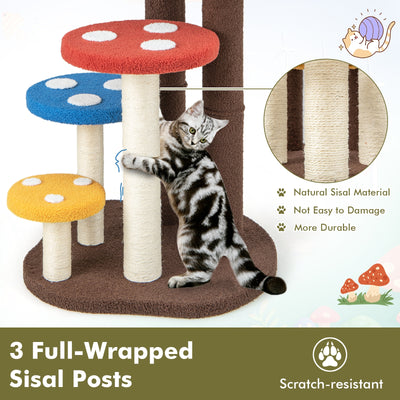 3-In-1 Cat Tree 3 Full-Wrapped Sisal Posts Removable Mat and Platforms-Multicolor