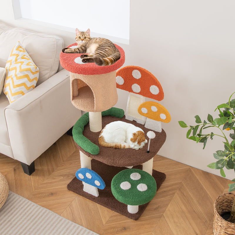 4-In-1 Mushroom Cat Tree with Condo Spring Ball and Sisal Posts-Multicolor