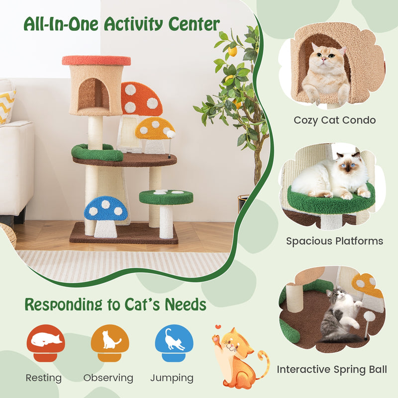 4-In-1 Mushroom Cat Tree with Condo Spring Ball and Sisal Posts-Multicolor