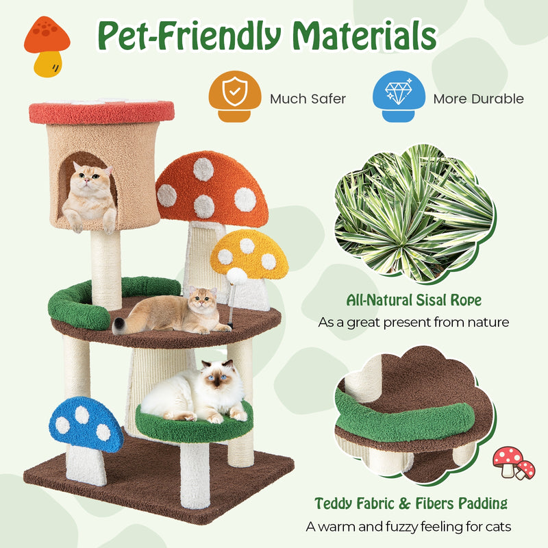 4-In-1 Mushroom Cat Tree with Condo Spring Ball and Sisal Posts-Multicolor