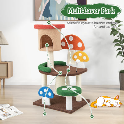 4-In-1 Mushroom Cat Tree with Condo Spring Ball and Sisal Posts-Multicolor