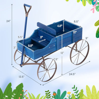 Wooden Wagon Plant Bed with Metal Wheels for Garden Yard Patio-Blue